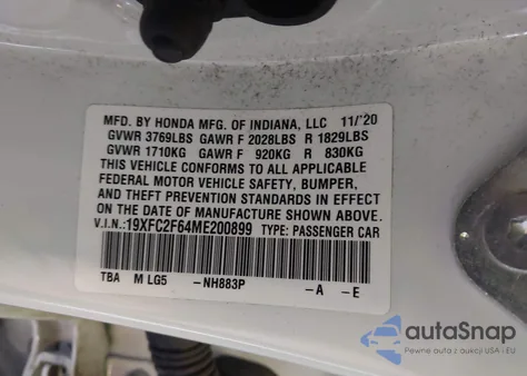 2021 Honda Civic Lx z USA, uszkodzony, nr VIN 19XFC2F64ME200899